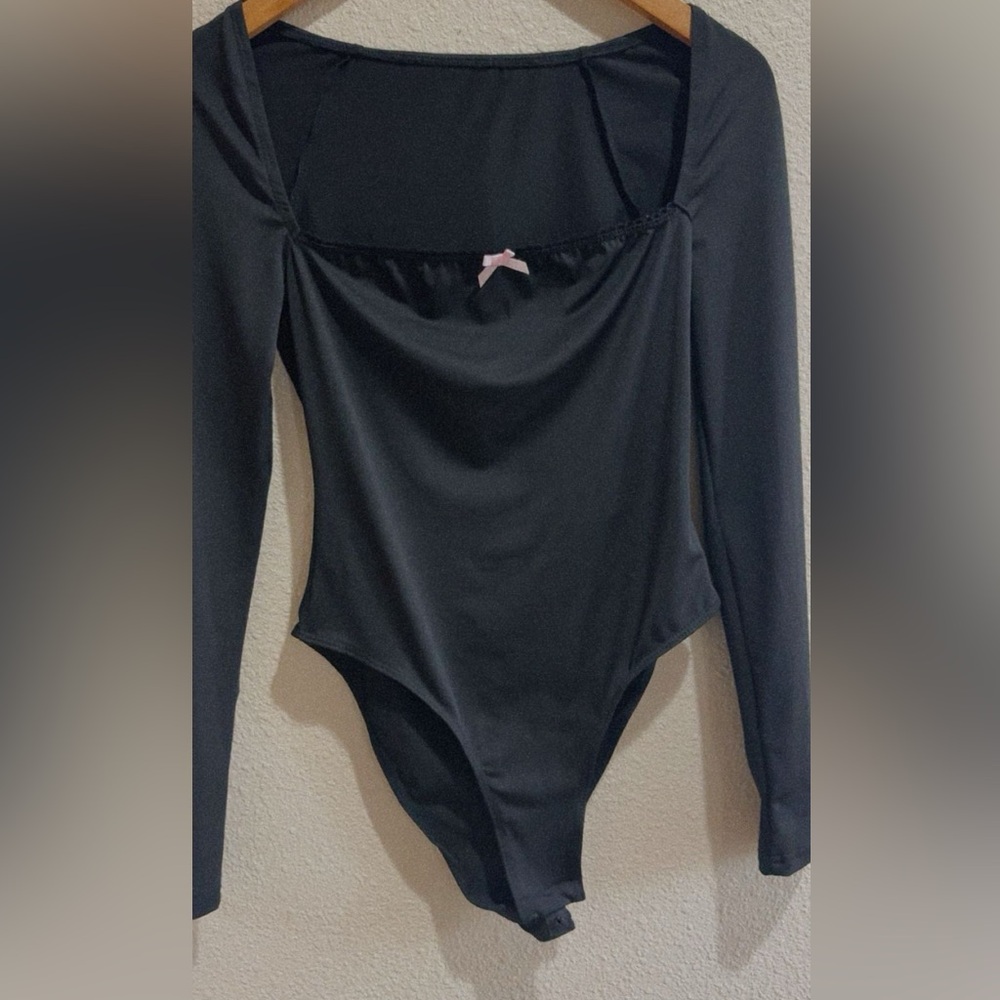 Elegant Black Long Sleeve Bodysuit Bow Tie Pants